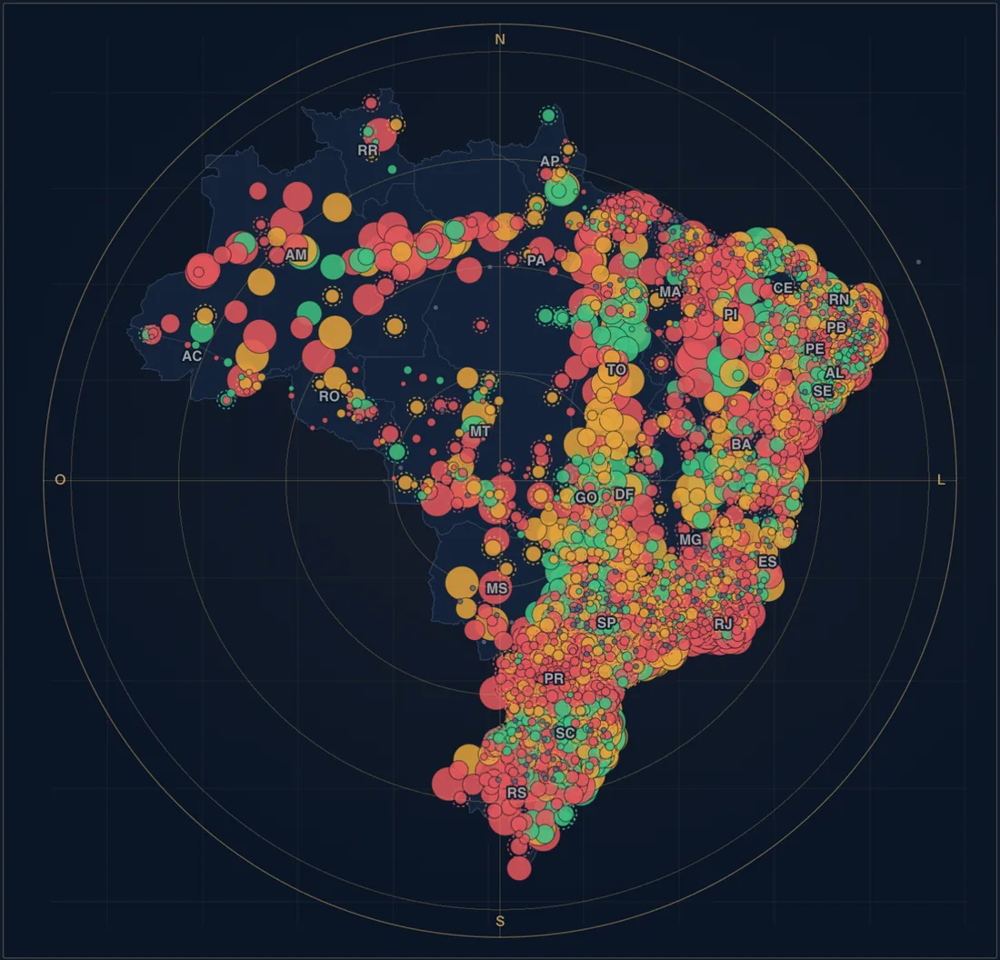 Mapa-radar do Brasil no painel do Shoot Sniper: cada ponto é uma comarca, colorido em verde (investir), amarelo (testar) ou vermelho (evitar), com tamanho proporcional ao volume de sentenças.
